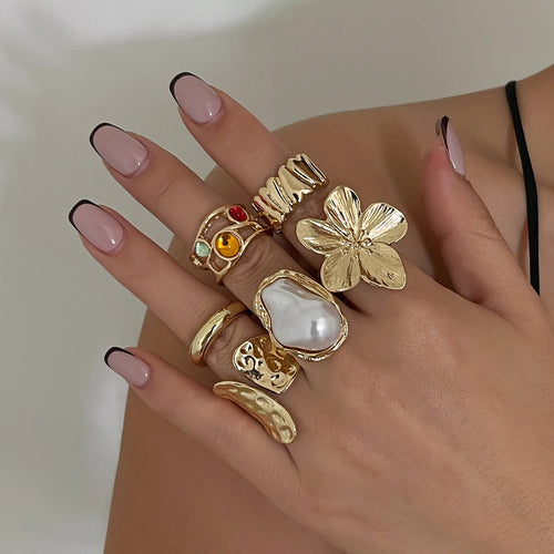 Metal Flower Pearl Open Ring for Women